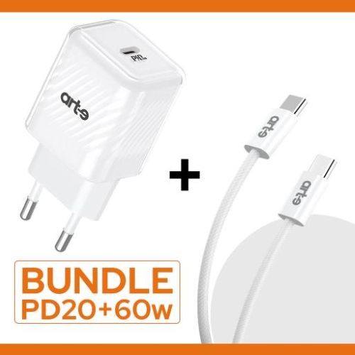 Bundle Alimentatore PD20W + Cavo Type-c Type-c in Nylon 60w - Bianco
