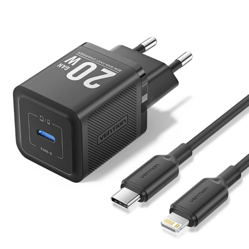 Vention Caricabatterie 20W USB-C GaN con Cavo Dati Type-C a Lightning 1 mt Nero