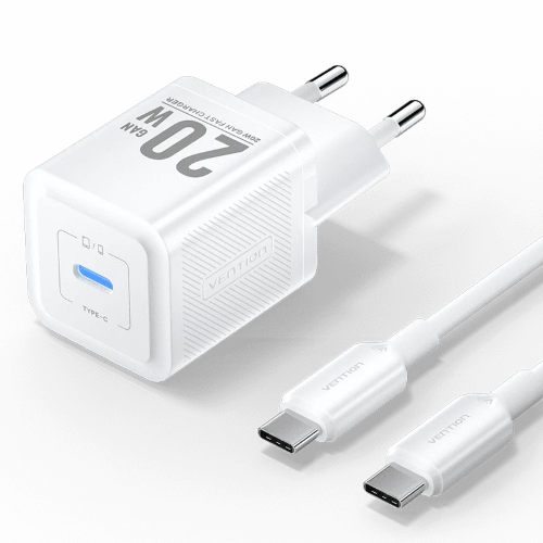 Vention Caricabatterie Completo USB-C 20W GaN + Cavo Type-C To Type-C (1 m) White Bianco