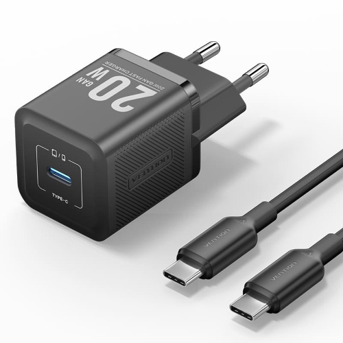 Vention Caricabatterie Completo  USB-C 20W GaN + Cavo Type-C To Type-C (1 m) Nero