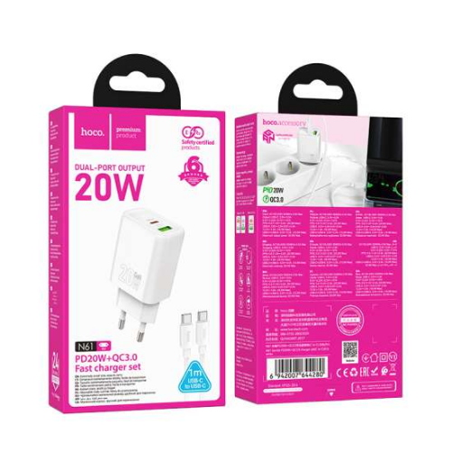 Hoco Caricabatterie USB-C 20W + Cavo Dati Type-C N61 White N61.CC.WH